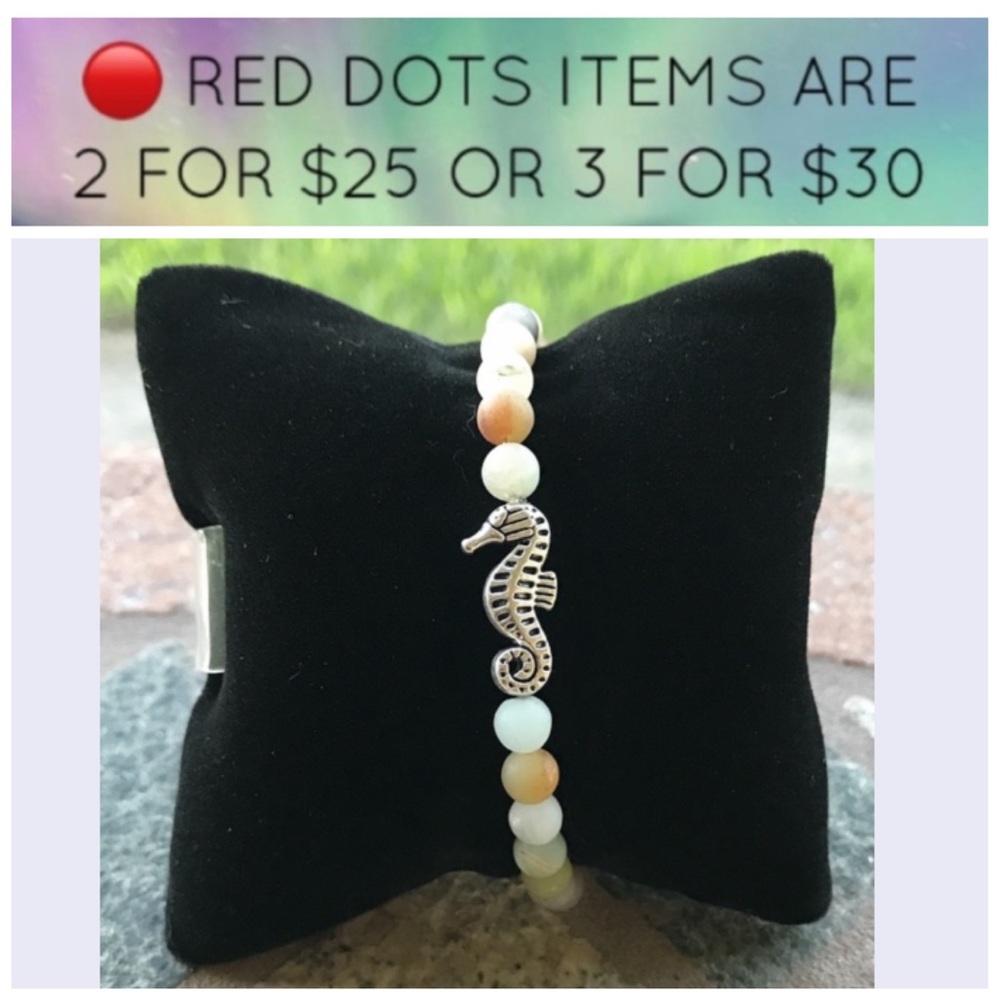 🔴 SALE !Amazonite beads silver sea horse bracelet
